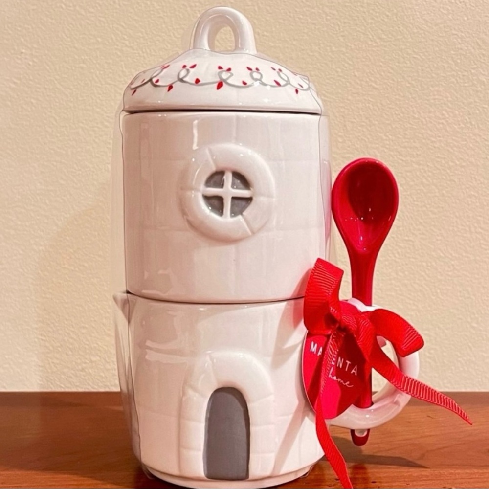NWT-Beautiful Magenta Home Christmas House Creamer and Sugar Holder with Spoon.